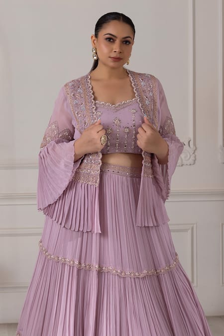 Buy_Raj Arora_Purple Georgette Pearls, Sequins, Mirrors Pleated Embroidered Jacket Lehenga Set _Online_at_Aza_Fashions