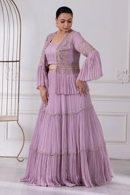 Shop_Raj Arora_Purple Georgette Pearls, Sequins, Mirrors Pleated Embroidered Jacket Lehenga Set _Online_at_Aza_Fashions