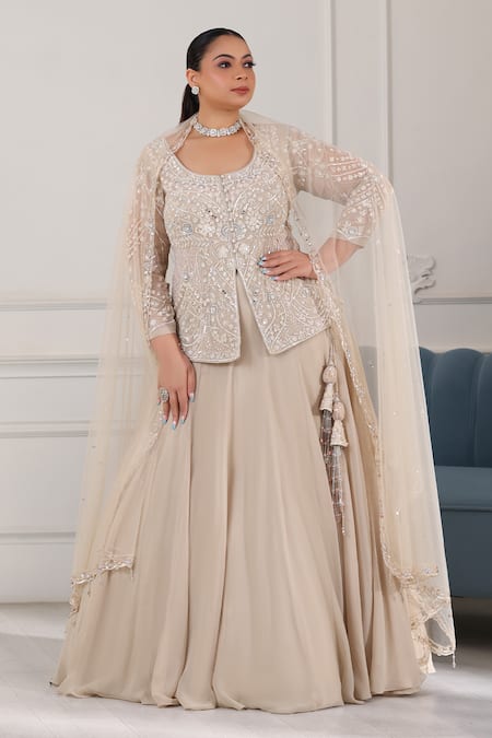 RAJ ARORA Beige Georgette Embroidered Cutdana Round Lehenga Set 