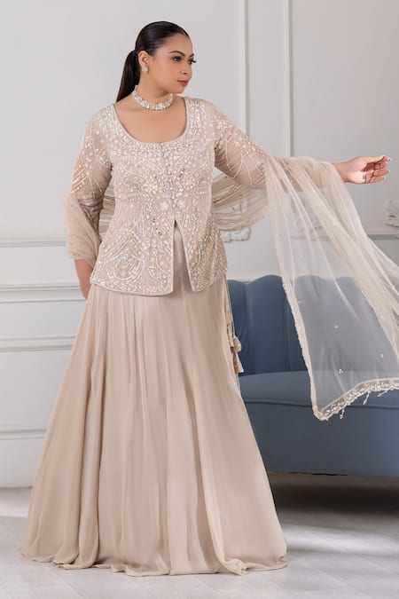 Raj Arora Beige Georgette Cut Work, Sequins, Pearls Round Neck Embroidered Lehenga Set Online at Aza Fashions Raj Arora_Beige Georgette Cut Work, Sequins, Pearls Round Neck Embroidered Lehenga Set _Online_at_Aza_Fashions