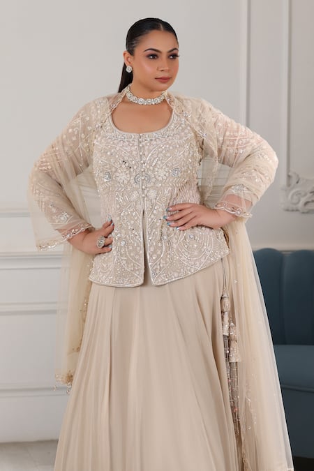 Buy Raj Arora Beige Georgette Cut Work, Sequins, Pearls Round Neck Embroidered Lehenga Set Online at Aza Fashions Buy_Raj Arora_Beige Georgette Cut Work, Sequins, Pearls Round Neck Embroidered Lehenga Set _Online_at_Aza_Fashions