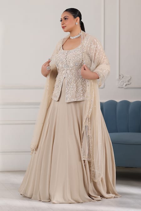Shop Raj Arora Beige Georgette Cut Work, Sequins, Pearls Round Neck Embroidered Lehenga Set Online at Aza Fashions Shop_Raj Arora_Beige Georgette Cut Work, Sequins, Pearls Round Neck Embroidered Lehenga Set _Online_at_Aza_Fashions