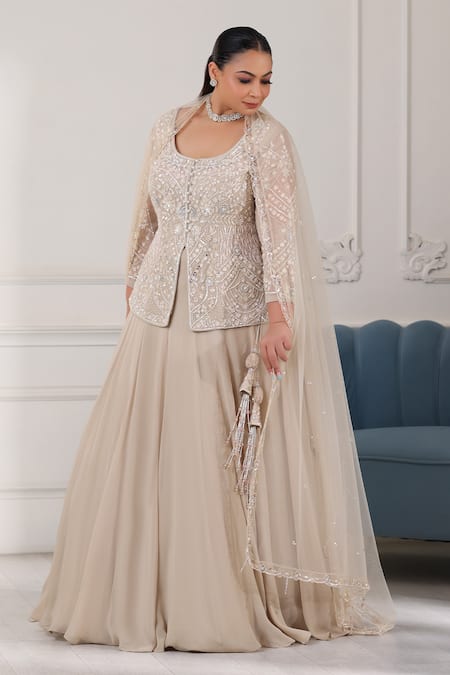 Raj Arora Beige Georgette Cut Work, Sequins, Pearls Round Neck Embroidered Lehenga Set at Aza Fashions Raj Arora_Beige Georgette Cut Work, Sequins, Pearls Round Neck Embroidered Lehenga Set _at_Aza_Fashions