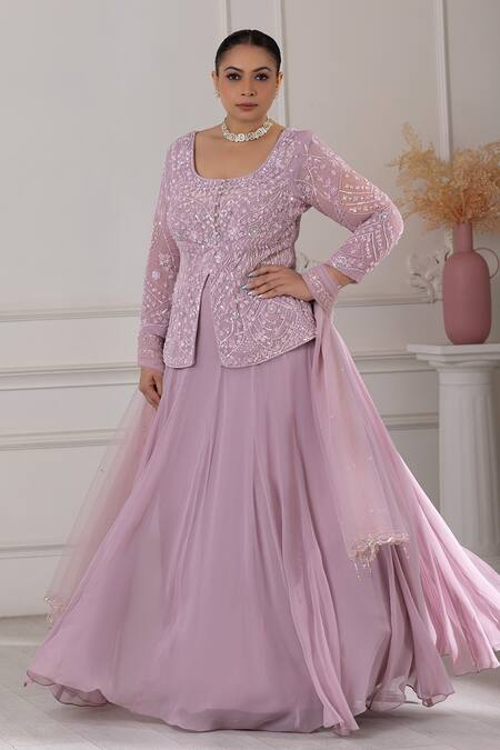 Shop_Raj Arora_Purple Georgette Sequins, Pearls, Cut Work Short Embroidered Top Lehenga Set _at_Aza_Fashions