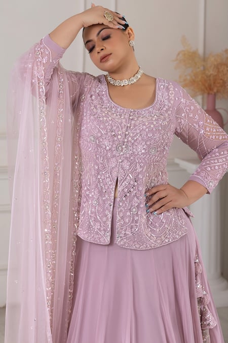 Raj Arora_Purple Georgette Sequins, Pearls, Cut Work Short Embroidered Top Lehenga Set _Online_at_Aza_Fashions