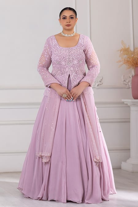 Buy_Raj Arora_Purple Georgette Sequins, Pearls, Cut Work Short Embroidered Top Lehenga Set _Online_at_Aza_Fashions