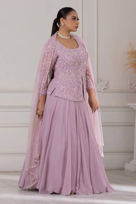 Shop_Raj Arora_Purple Georgette Sequins, Pearls, Cut Work Short Embroidered Top Lehenga Set _Online_at_Aza_Fashions