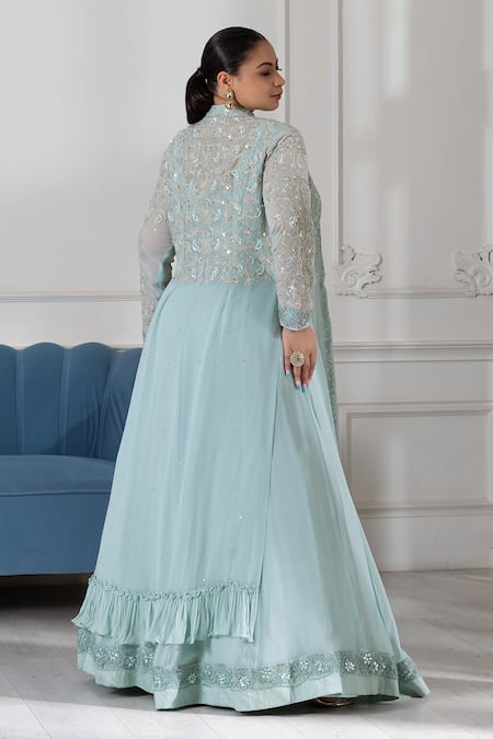 Shop Raj Arora Green Georgette Crystals, Sequins, Cut Work, Embroidered Anarkali With Jacket at Aza Fashions Shop_Raj Arora_Green Georgette Crystals, Sequins, Cut Work, Embroidered Anarkali With Jacket _at_Aza_Fashions