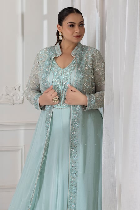 Raj Arora Green Georgette Crystals, Sequins, Cut Work, Embroidered Anarkali With Jacket Online at Aza Fashions Raj Arora_Green Georgette Crystals, Sequins, Cut Work, Embroidered Anarkali With Jacket _Online_at_Aza_Fashions