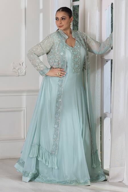 Buy Raj Arora Green Georgette Crystals, Sequins, Cut Work, Embroidered Anarkali With Jacket Online at Aza Fashions Buy_Raj Arora_Green Georgette Crystals, Sequins, Cut Work, Embroidered Anarkali With Jacket _Online_at_Aza_Fashions
