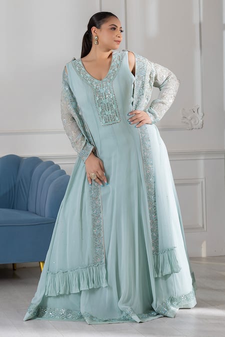 Shop Raj Arora Green Georgette Crystals, Sequins, Cut Work, Embroidered Anarkali With Jacket Online at Aza Fashions Shop_Raj Arora_Green Georgette Crystals, Sequins, Cut Work, Embroidered Anarkali With Jacket _Online_at_Aza_Fashions