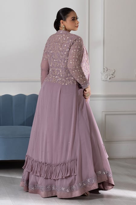Shop Raj Arora Purple Georgette Crystals, Sequins, Cut Embroidered Anarkali With Long Jacket at Aza Fashions Shop_Raj Arora_Purple Georgette Crystals, Sequins, Cut Embroidered Anarkali With Long Jacket _at_Aza_Fashions