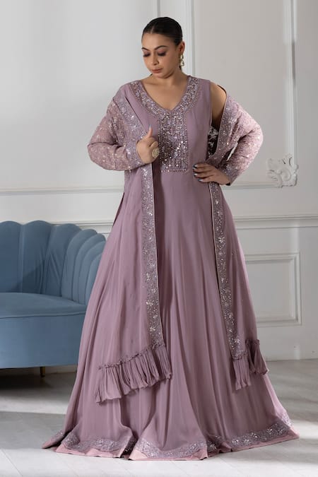 Raj Arora Purple Georgette Crystals, Sequins, Cut Embroidered Anarkali With Long Jacket Online at Aza Fashions Raj Arora_Purple Georgette Crystals, Sequins, Cut Embroidered Anarkali With Long Jacket _Online_at_Aza_Fashions