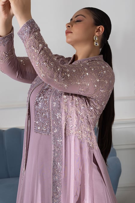 Buy Raj Arora Purple Georgette Crystals, Sequins, Cut Embroidered Anarkali With Long Jacket Online at Aza Fashions Buy_Raj Arora_Purple Georgette Crystals, Sequins, Cut Embroidered Anarkali With Long Jacket _Online_at_Aza_Fashions