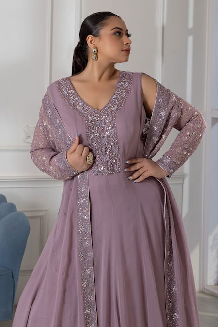 Shop Raj Arora Purple Georgette Crystals, Sequins, Cut Embroidered Anarkali With Long Jacket Online at Aza Fashions Shop_Raj Arora_Purple Georgette Crystals, Sequins, Cut Embroidered Anarkali With Long Jacket _Online_at_Aza_Fashions