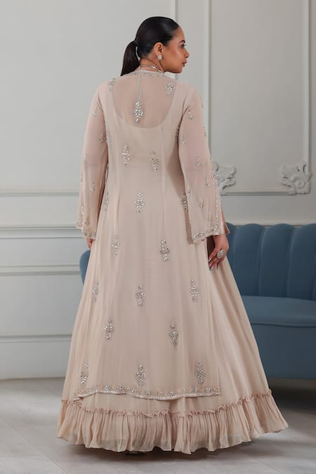 Shop_Raj Arora_Gold Georgette Crystals, Sequins, Embroidered Frilled Hem Anarkali With Jacket _at_Aza_Fashions