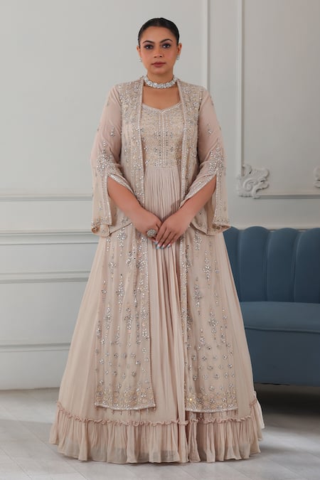 Raj Arora_Gold Georgette Crystals, Sequins, Embroidered Frilled Hem Anarkali With Jacket _Online_at_Aza_Fashions