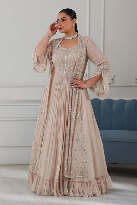 Buy_Raj Arora_Gold Georgette Crystals, Sequins, Embroidered Frilled Hem Anarkali With Jacket _Online_at_Aza_Fashions