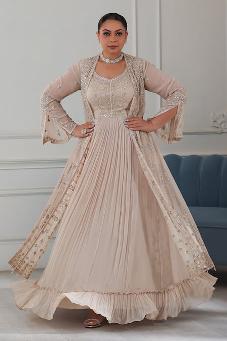 Shop_Raj Arora_Gold Georgette Crystals, Sequins, Embroidered Frilled Hem Anarkali With Jacket _Online_at_Aza_Fashions