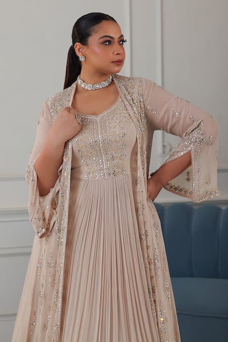 Raj Arora_Gold Georgette Crystals, Sequins, Embroidered Frilled Hem Anarkali With Jacket _at_Aza_Fashions