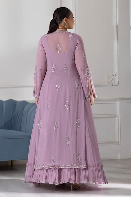 Shop Raj Arora Purple Georgette Crystals, Sequins, Pleated Embroidered Anarkali With Jacket at Aza Fashions Shop_Raj Arora_Purple Georgette Crystals, Sequins, Pleated Embroidered Anarkali With Jacket _at_Aza_Fashions