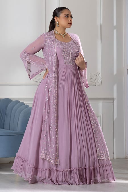 Shop Raj Arora Purple Georgette Crystals, Sequins, Pleated Embroidered Anarkali With Jacket Online at Aza Fashions Shop_Raj Arora_Purple Georgette Crystals, Sequins, Pleated Embroidered Anarkali With Jacket _Online_at_Aza_Fashions