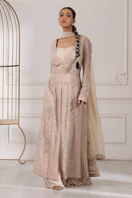 Raj Arora_Beige Georgette Pearls, Sequins, Diamonds, Embroidery Kurta Sharara Set _Online_at_Aza_Fashions