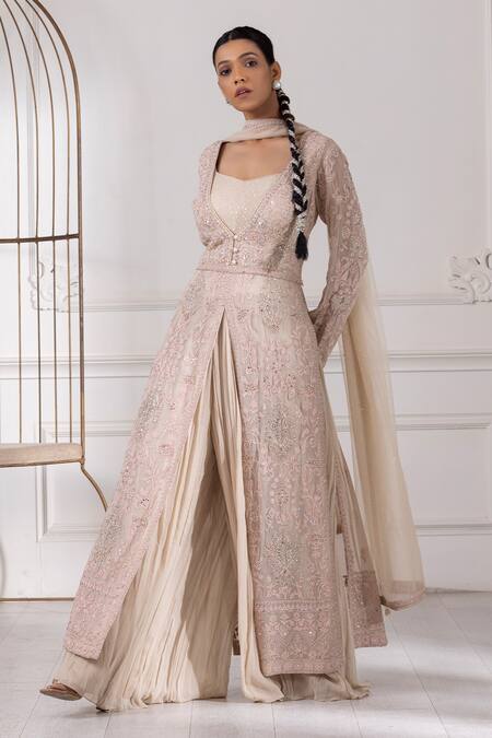 Buy_Raj Arora_Beige Georgette Pearls, Sequins, Diamonds, Embroidery Kurta Sharara Set _Online_at_Aza_Fashions