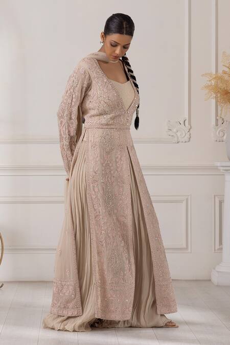Raj Arora_Beige Georgette Pearls, Sequins, Diamonds, Embroidery Kurta Sharara Set _at_Aza_Fashions