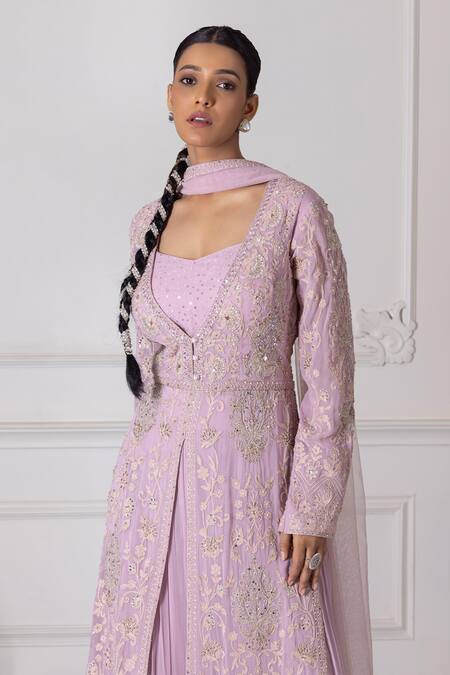 Buy_Raj Arora_Purple Georgette Pearls, Sequins, Embroidery Sweetheart Neck Kurta Sharara Set _Online_at_Aza_Fashions