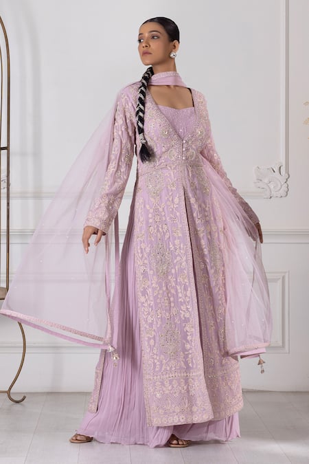 Shop_Raj Arora_Purple Georgette Pearls, Sequins, Embroidery Sweetheart Neck Kurta Sharara Set _Online_at_Aza_Fashions
