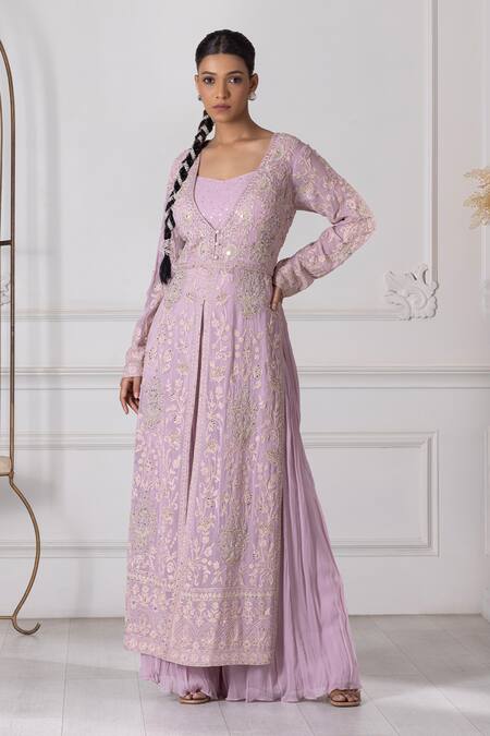 Raj Arora_Purple Georgette Pearls, Sequins, Embroidery Sweetheart Neck Kurta Sharara Set _at_Aza_Fashions