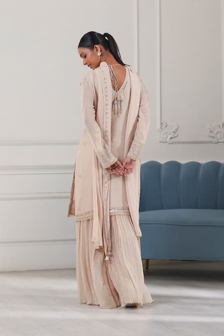 Shop Raj Arora Beige Georgette Cut Work, Pearls, Sequins, Embroidery Split Kurta Sharara Set at Aza Fashions Shop_Raj Arora_Beige Georgette Cut Work, Pearls, Sequins, Embroidery Split Kurta Sharara Set _at_Aza_Fashions