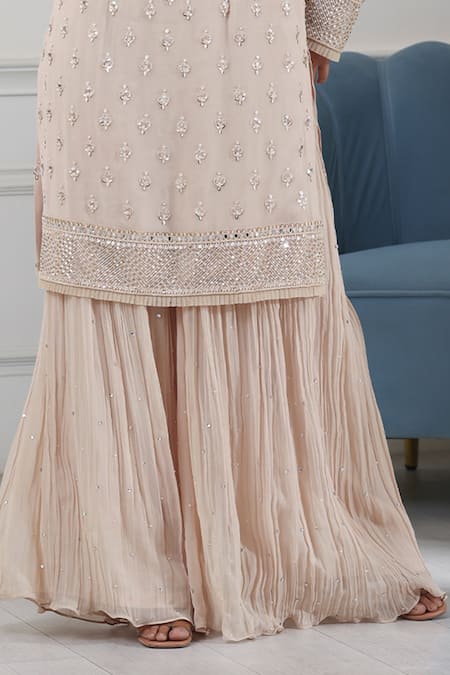 Raj Arora Beige Georgette Cut Work, Pearls, Sequins, Embroidery Split Kurta Sharara Set Online at Aza Fashions Raj Arora_Beige Georgette Cut Work, Pearls, Sequins, Embroidery Split Kurta Sharara Set _Online_at_Aza_Fashions