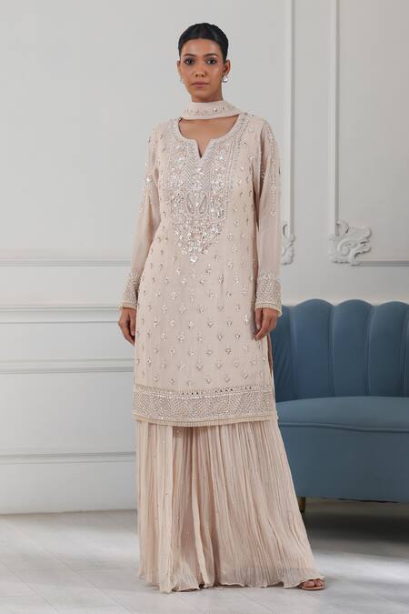 Buy Raj Arora Beige Georgette Cut Work, Pearls, Sequins, Embroidery Split Kurta Sharara Set Online at Aza Fashions Buy_Raj Arora_Beige Georgette Cut Work, Pearls, Sequins, Embroidery Split Kurta Sharara Set _Online_at_Aza_Fashions