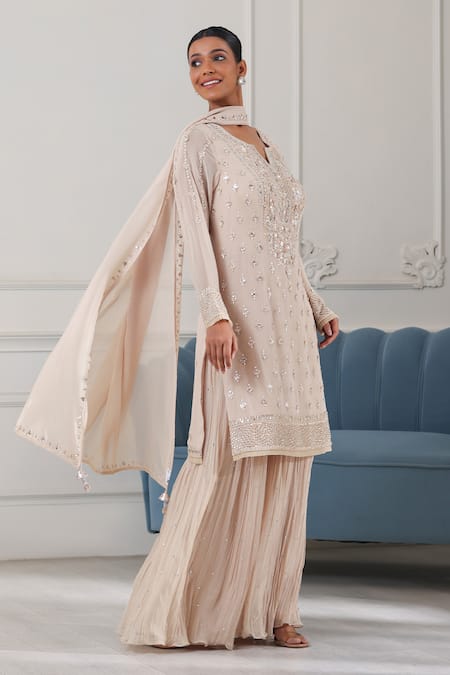 Shop Raj Arora Beige Georgette Cut Work, Pearls, Sequins, Embroidery Split Kurta Sharara Set Online at Aza Fashions Shop_Raj Arora_Beige Georgette Cut Work, Pearls, Sequins, Embroidery Split Kurta Sharara Set _Online_at_Aza_Fashions
