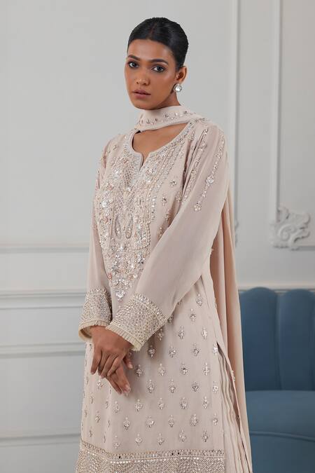 Buy Raj Arora Beige Georgette Cut Work, Pearls, Sequins, Embroidery Split Kurta Sharara Set Buy_Raj Arora_Beige Georgette Cut Work, Pearls, Sequins, Embroidery Split Kurta Sharara Set