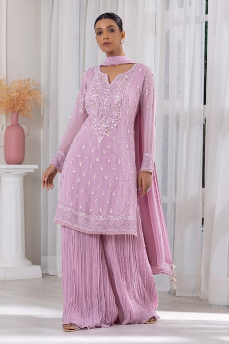 RAJ ARORA Purple Georgette Embroidered Cutdana Notched And Pearl Kurta Sharara Set 