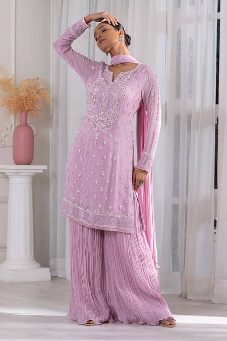Buy Raj Arora Purple Georgette Cut Work, Pearls, Cutdana And Embroidered Kurta Sharara Set Online at Aza Fashions Buy_Raj Arora_Purple Georgette Cut Work, Pearls, Cutdana And Embroidered Kurta Sharara Set _Online_at_Aza_Fashions