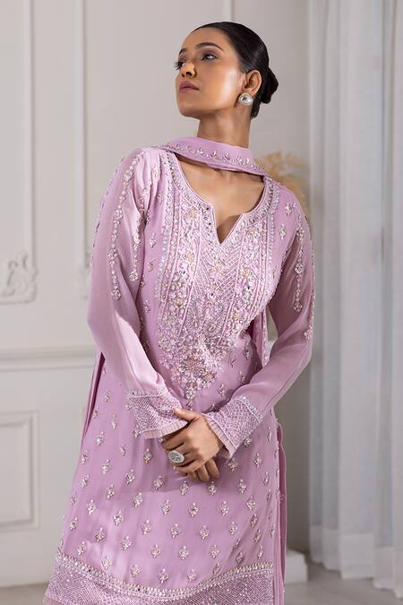 Shop Raj Arora Purple Georgette Cut Work, Pearls, Cutdana And Embroidered Kurta Sharara Set Online at Aza Fashions Shop_Raj Arora_Purple Georgette Cut Work, Pearls, Cutdana And Embroidered Kurta Sharara Set _Online_at_Aza_Fashions