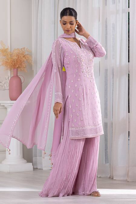 Raj Arora Purple Georgette Cut Work, Pearls, Cutdana And Embroidered Kurta Sharara Set at Aza Fashions Raj Arora_Purple Georgette Cut Work, Pearls, Cutdana And Embroidered Kurta Sharara Set _at_Aza_Fashions