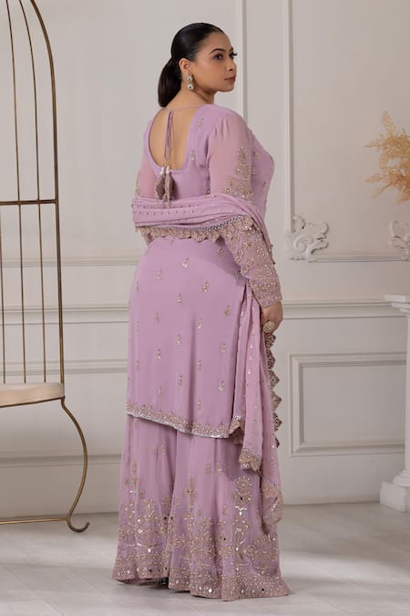 Shop Raj Arora Purple Georgette Pearls, Sequins, Cut Work Dori And Embroidered Kurta Sharara Set at Aza Fashions Shop_Raj Arora_Purple Georgette Pearls, Sequins, Cut Work Dori And Embroidered Kurta Sharara Set _at_Aza_Fashions