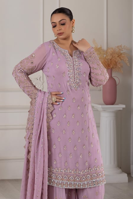 Buy Raj Arora Purple Georgette Pearls, Sequins, Cut Work Dori And Embroidered Kurta Sharara Set Online at Aza Fashions Buy_Raj Arora_Purple Georgette Pearls, Sequins, Cut Work Dori And Embroidered Kurta Sharara Set _Online_at_Aza_Fashions
