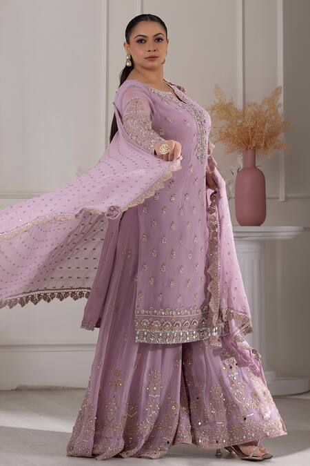 Shop Raj Arora Purple Georgette Pearls, Sequins, Cut Work Dori And Embroidered Kurta Sharara Set Online at Aza Fashions Shop_Raj Arora_Purple Georgette Pearls, Sequins, Cut Work Dori And Embroidered Kurta Sharara Set _Online_at_Aza_Fashions