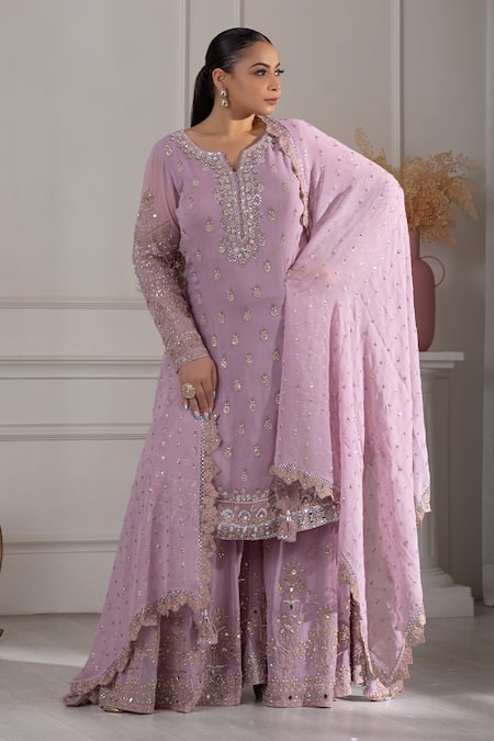 Raj Arora Purple Georgette Pearls, Sequins, Cut Work Dori And Embroidered Kurta Sharara Set at Aza Fashions Raj Arora_Purple Georgette Pearls, Sequins, Cut Work Dori And Embroidered Kurta Sharara Set _at_Aza_Fashions