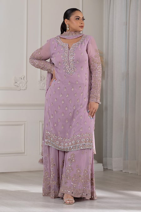 Buy Raj Arora Purple Georgette Pearls, Sequins, Cut Work Dori And Embroidered Kurta Sharara Set Buy_Raj Arora_Purple Georgette Pearls, Sequins, Cut Work Dori And Embroidered Kurta Sharara Set