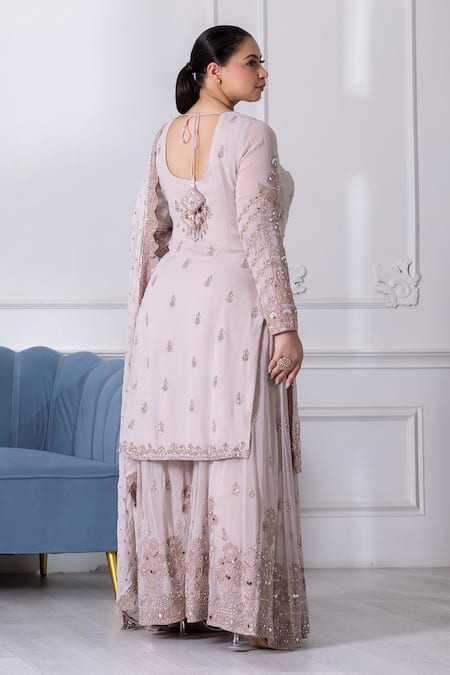 Shop_Raj Arora_Pink Georgette Pearls, Sequins, Cut Cutdana And Dori Embroidered Kurta Sharara Set _at_Aza_Fashions
