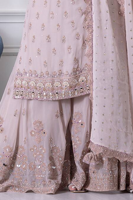 Raj Arora_Pink Georgette Pearls, Sequins, Cut Cutdana And Dori Embroidered Kurta Sharara Set _Online_at_Aza_Fashions