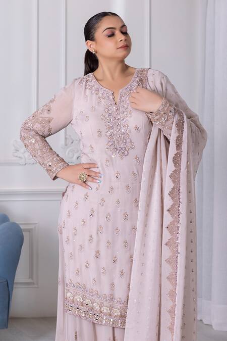 Buy_Raj Arora_Pink Georgette Pearls, Sequins, Cut Cutdana And Dori Embroidered Kurta Sharara Set _Online_at_Aza_Fashions