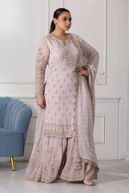 Shop_Raj Arora_Pink Georgette Pearls, Sequins, Cut Cutdana And Dori Embroidered Kurta Sharara Set _Online_at_Aza_Fashions